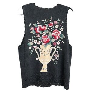 Vintage Y2K Black Pointelle Knit Floral Embroidered Vest Grannycore Whimsical M